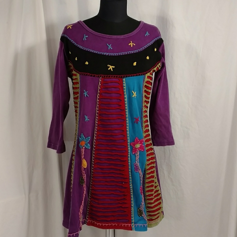 Colorful Soft Cotton Tunic Length Top Nepal Ethnic Craft bust 42" Embroidered
